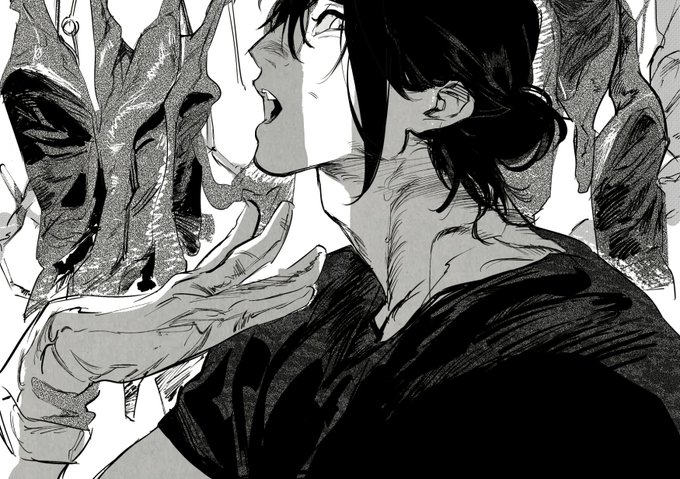 a black and white manga style drawing of a man's face, with another figure's hand grabbing his neck from behind. the man's face is contorted in pain or surprise, with his eyes wide and mouth open. the drawing is very detailed and uses a lot of shading to create depth and dimension. the overall mood of the image is intense and dramatic, and the image suggests a violent struggle.