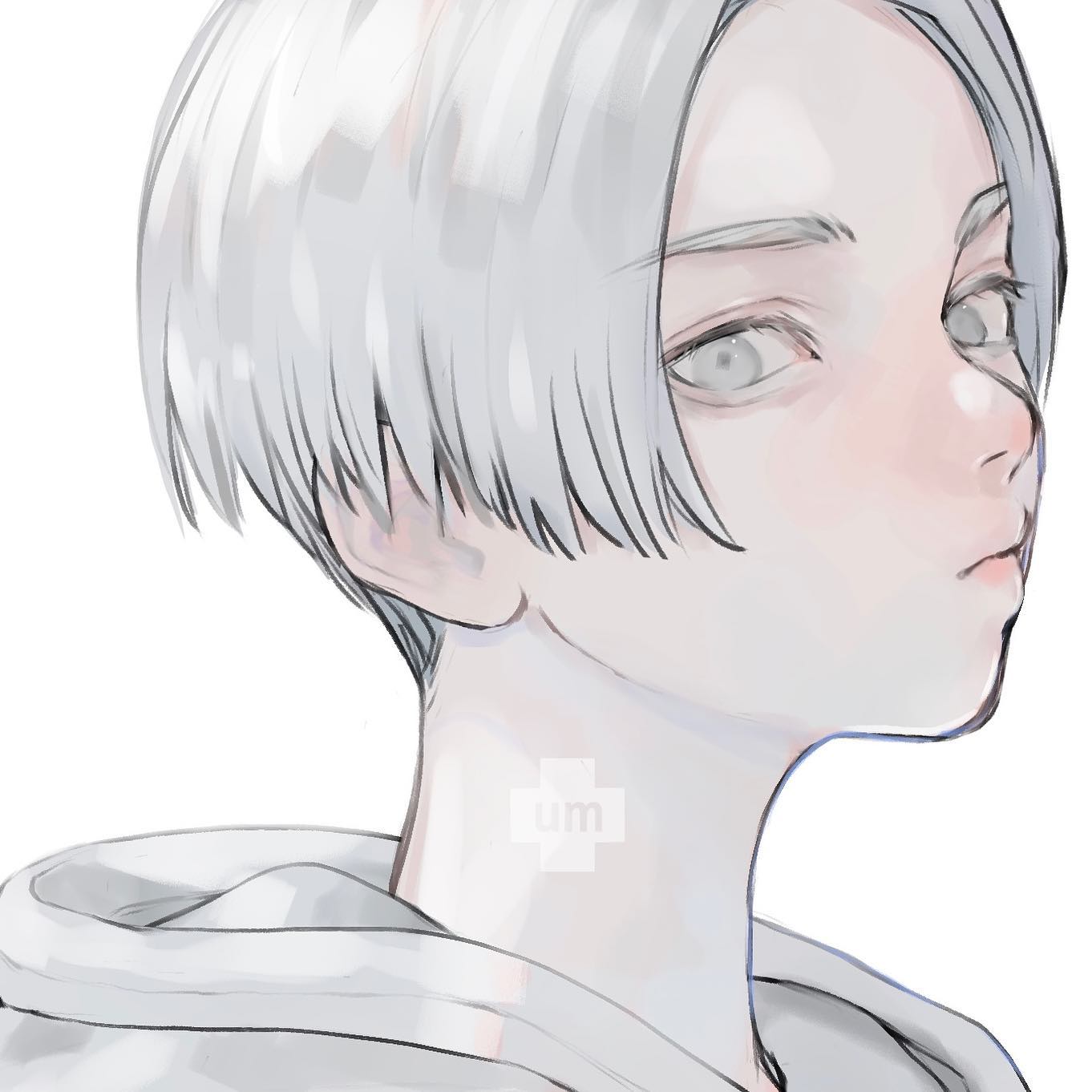 the image is a digital illustration of a young animestyle boy. he has short, white hair styled in a blunt bob.  his skin is pale, almost translucent, and his expression is serene and calm. the boy is shown from the side profile, gazing off to the right. he's wearing a simple, light grey hoodie. the art style is soft and delicate, with subtle shading and line art, suggesting a calm and peaceful atmosphere. the color palette is largely monochromatic, with varying shades of grey and white. the overall effect is minimalist and elegant.