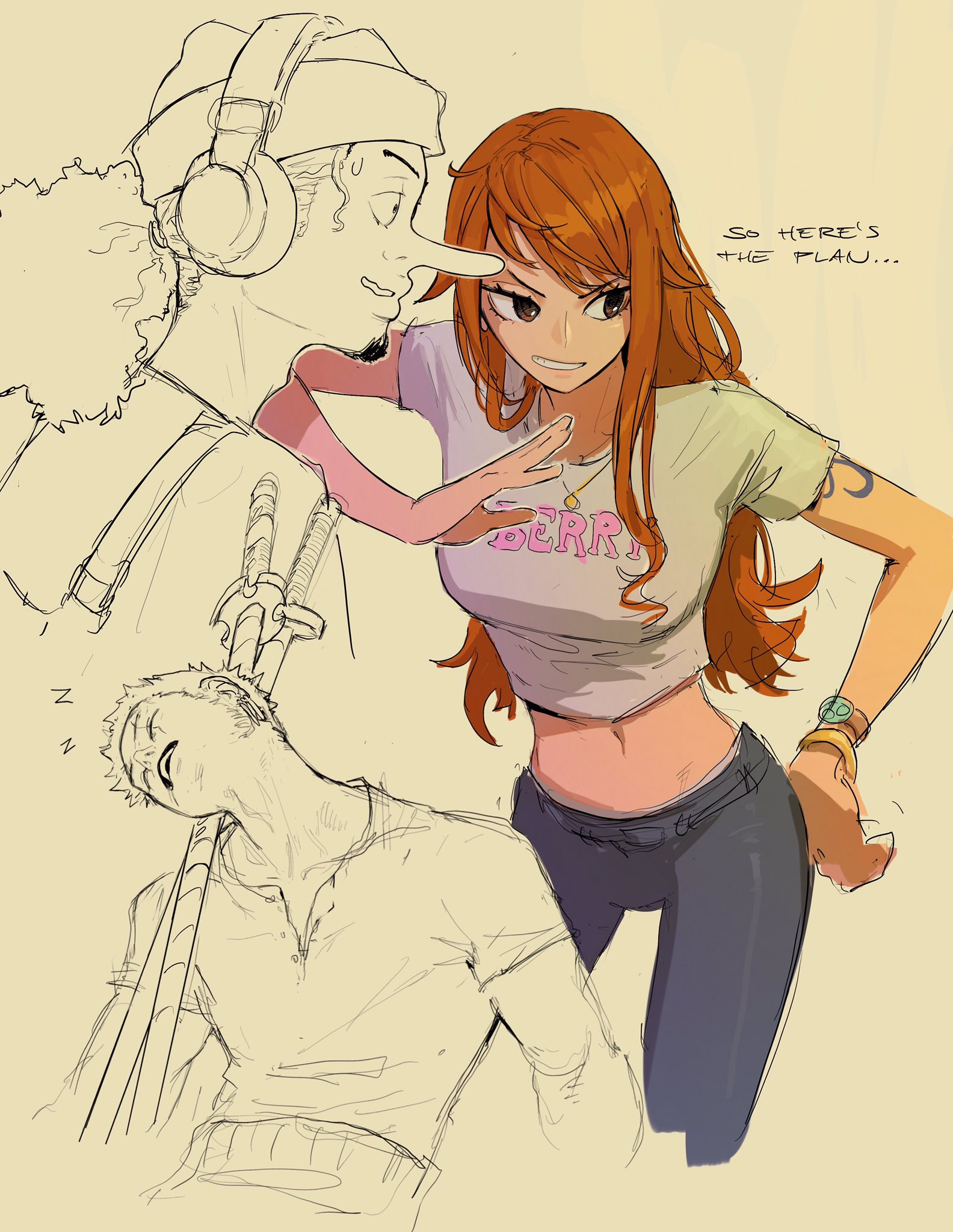 he image is a dynamic digital drawing, possibly fanart, featuring characters reminiscent of nami from one piece anime/manga.  nami is depicted in a casual outfit (jeans and a tshirt) with bright orange hair, playfully interacting with two other figures.  one is a sketch of a man seemingly representing luffy, and another incomplete sketch suggesting usopp.  nami is prominently featured, her expression conveying confidence and a hint of mischief as she gestures while saying "so here's the plan...".  the overall style is loose and expressive, combining finished and unfinished elements to give a sense of motion and spontaneity.  the colors are warm, with a beige background enhancing the focus on the characters. the style blends elements of anime and more westernized comic book art.