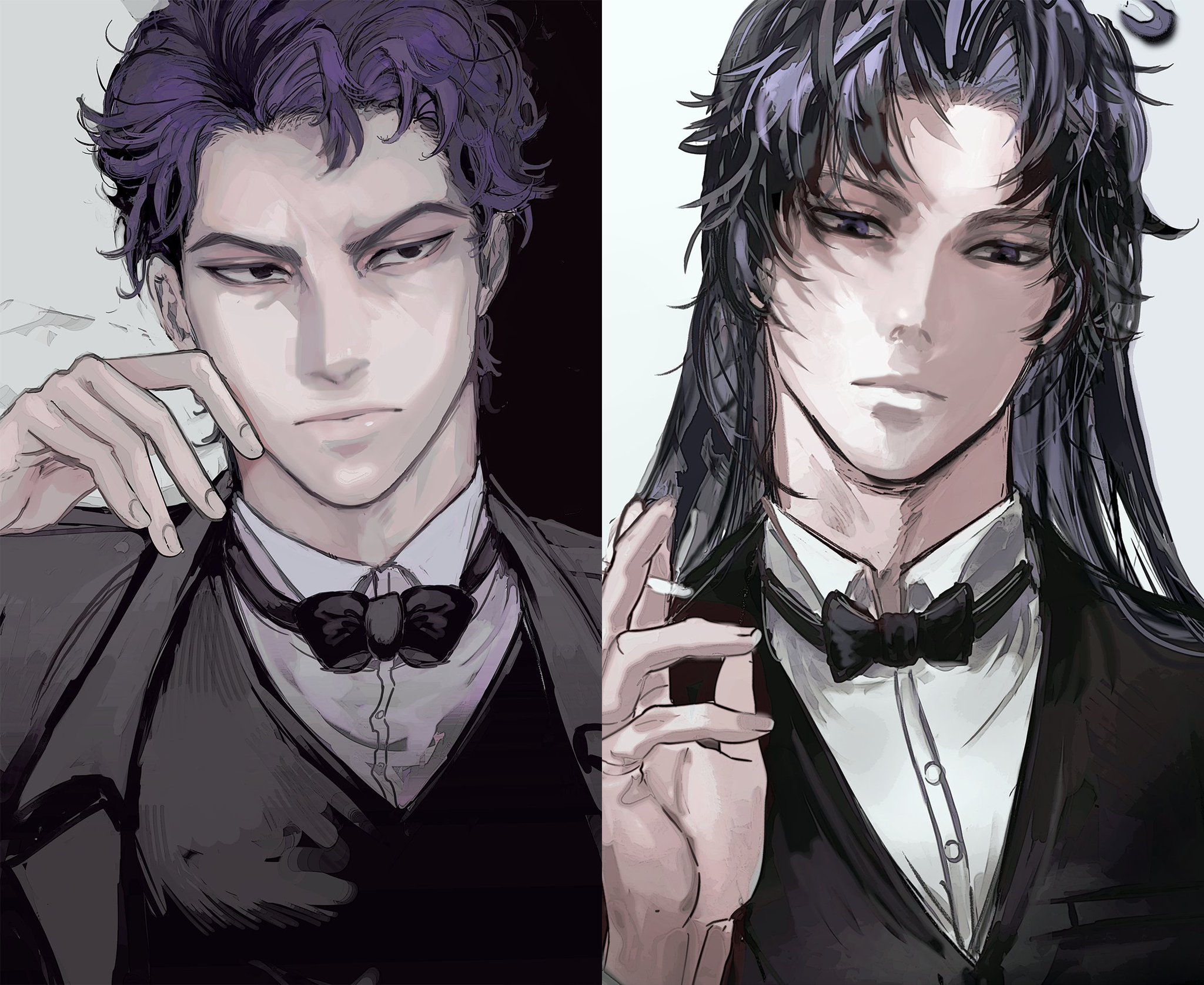 the image shows two anime men with purple hair and wearing a black suit and a white shirt with a bow tie. one of the men is smoking a cigarette. both of them have a serious and mysterious look on their face.  the background is black and white.  the image is in a style that looks like a drawing.