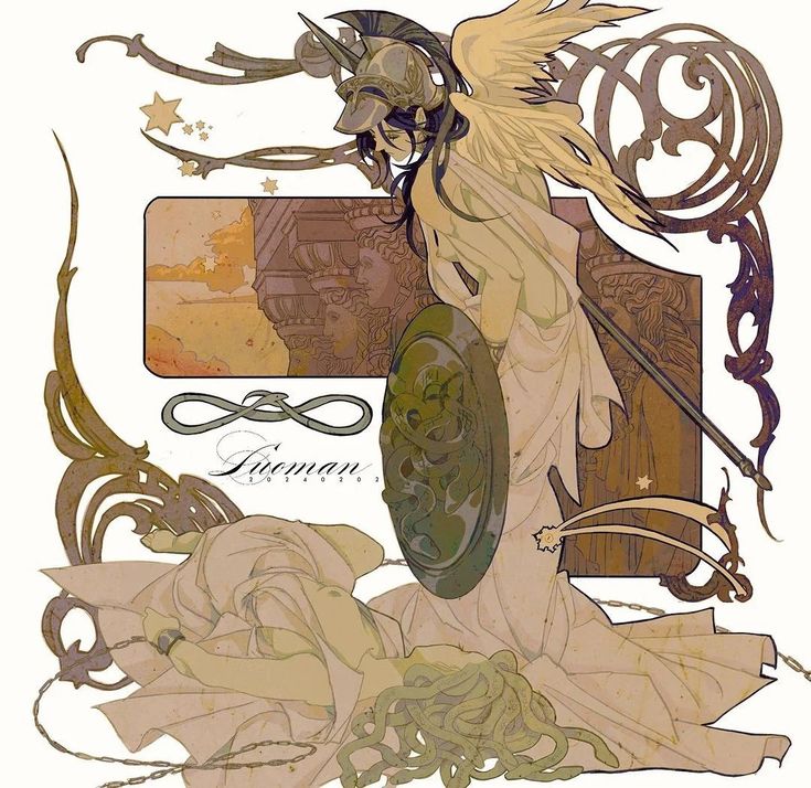 he image is a stylized digital painting or illustration in the art nouveau style. it depicts a winged female warrior, possibly athena, standing over a defeated medusa.  athena is clad in flowing robes, wearing a helmet and carrying a spear and shield. medusa lies on the ground, her hair a mass of snakes. the background includes art nouveaustyle decorative elements, a classicallooking architectural structure, and celestial details like stars. the overall color palette is muted sepia tones, giving a vintage or antique feel. the artist's signature is visible, along with an infinity symbol. the scene clearly represents the mythological battle and triumph of athena over medusa.