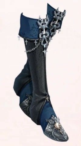 a single hightop boot with a gothic design. the boot is predominantly dark blue and black with silver accents. the top of the boot has a ruffled, dark blue section adorned with ornate silver designs featuring crosses and intricate metalwork. a black section covers the leg and is decorated with small crosses hanging from a chain. the toe of the boot is reinforced with a detailed silver covering featuring more decorative elements, including what appears to be a central jewel or embellishment.