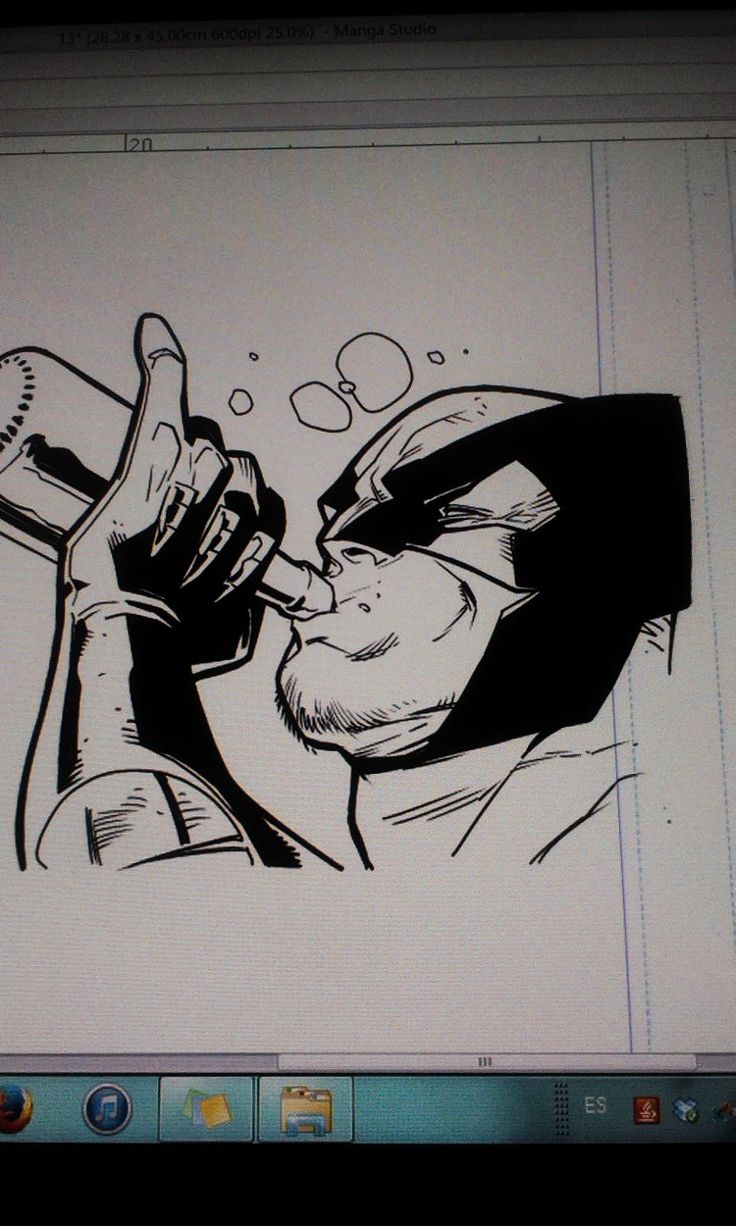 a black and white digital drawing of wolverine drinking from a bottle. the art style is comic bookinspired.  wolverine is drawn in a dynamic pose, with his claws extended and his expression fierce. the drawing is detailed and expressive, capturing the character's iconic look and personality.