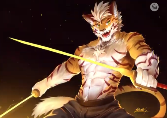 a muscular, anthropomorphic tiger warrior with glowing yellow eyes and white hair stands in a battleready stance. he holds two glowing swords that emit bright light, illuminating the scene. the background is dark, suggesting a nighttime or lowlight environment. there are hints of fire and sparks, further emphasizing the intensity of the situation.  the overall style of the image is animeinspired, featuring exaggerated features and dynamic posing.