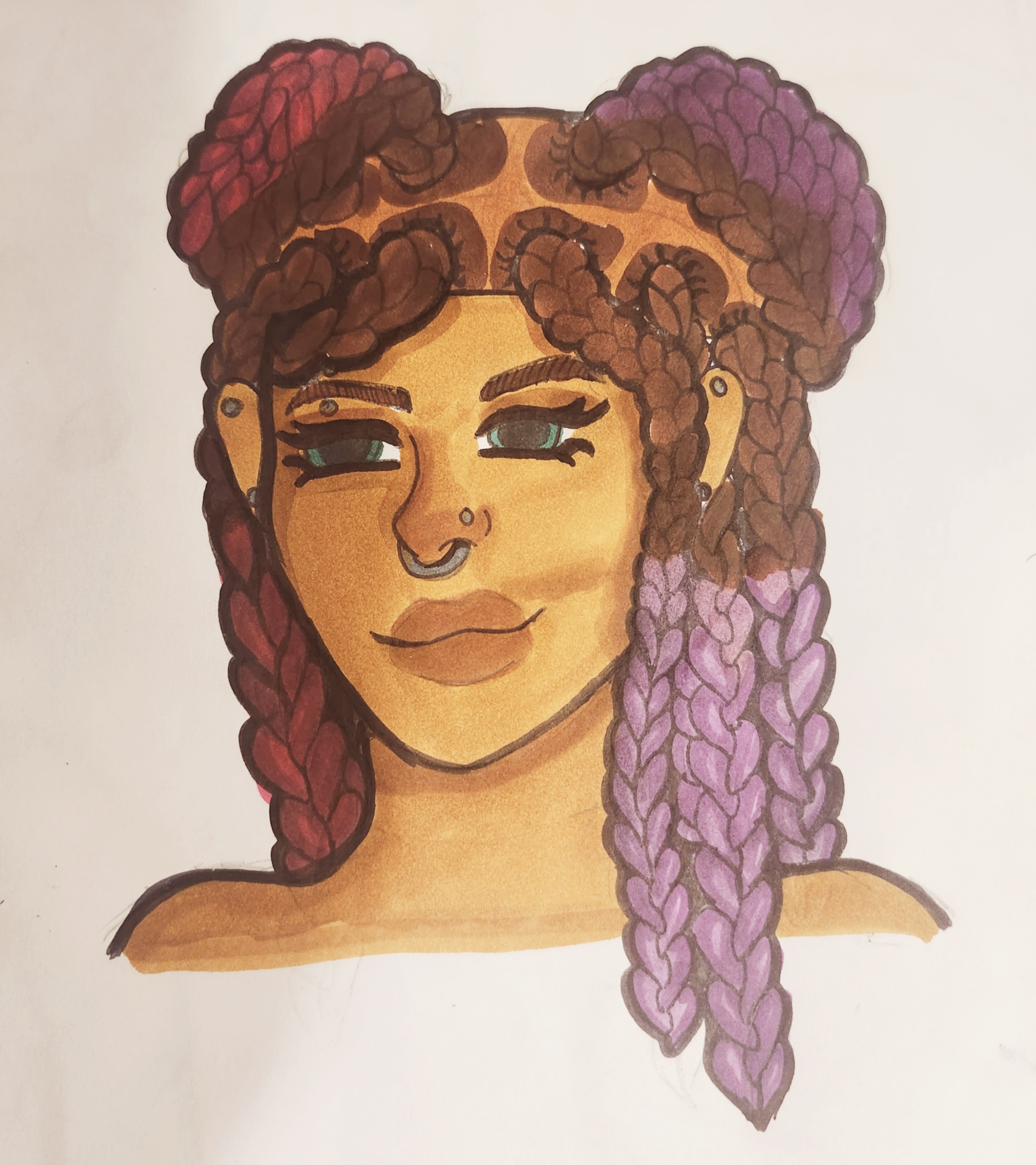 the image is a stylized portrait drawing of a young woman with a unique hairstyle.  she has her hair styled in long, thick braids with two smaller braids on top forming pigtails. the braids are a striking mix of reddishmaroon, brown, and purple, creating a color gradient effect. she has brown skin,  a septum piercing, and small earrings are visible. the style is a blend of realism and cartoon, with detailed features but an overall softer, less photorealistic presentation. the drawing appears to be done with markers, showing visible strokes and shading. the woman's expression is calm and pleasant.