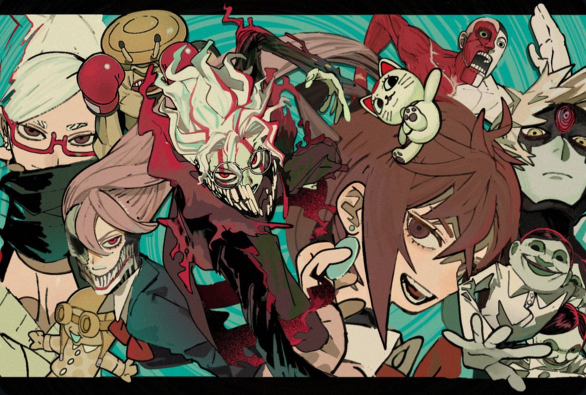 a close up of a group of  cartoon characters. all of the characters have creepy and scary facial expressions, with some having grotesquely deformed faces. they're all  drawn in a colorful style with a lot of detail.  the background is a swirling blue pattern.