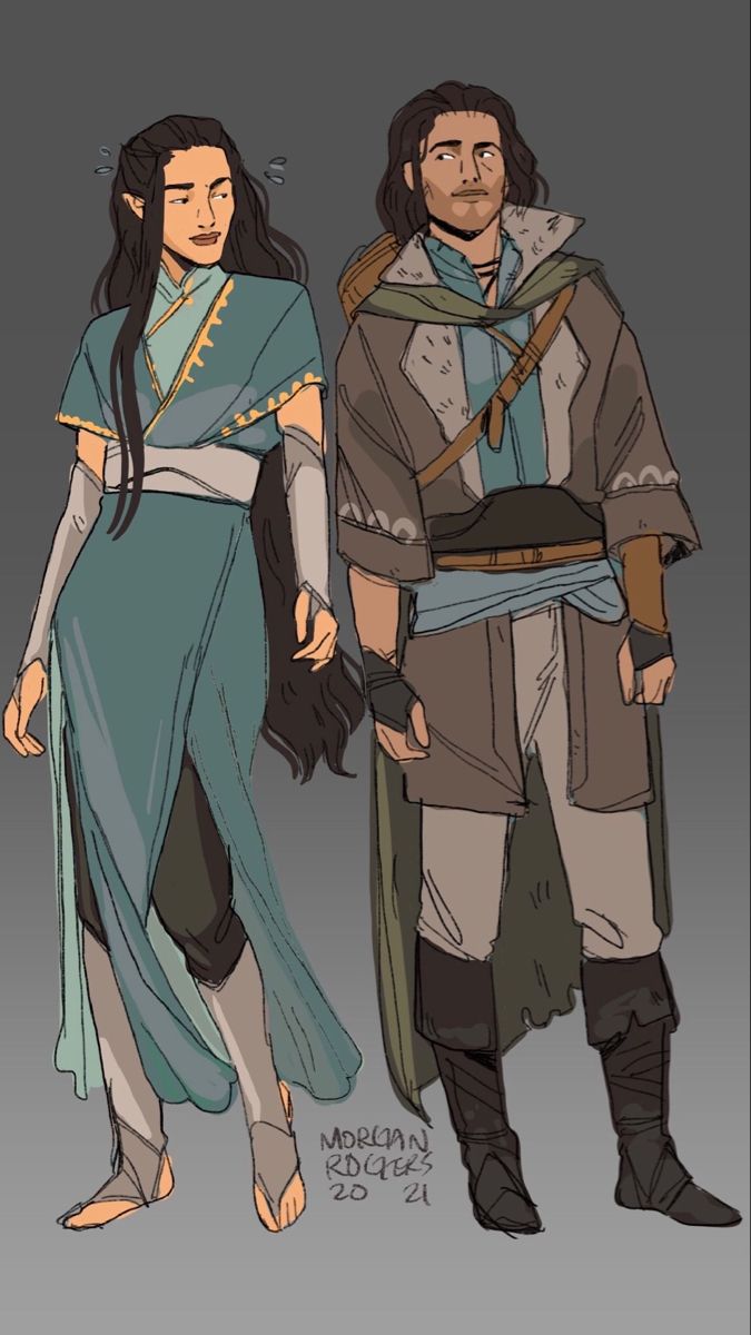 the illustration shows two characters, a male and a female, standing side by side against a grey background. the male character, with brown hair and a beard, is wearing a brown coat, a blue shirt, and leather pants. he also has a sword strapped to his side, a quiver on his back, and a bag on his shoulder. the female character, with long black hair and pointed ears, is wearing a long, flowing turquoise dress with a gold belt. she has a calm, neutral expression on her face. they appear to be adventurers or travelers, ready to embark on a journey. the artist's signature, "morgan rogers 2021," is visible in the lower right corner of the image.