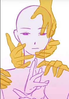 a sketch of a person with multiple hands positioned on their face and upper body, as if being touched or held.  the drawing uses purple line art for the person and golden yellow for the hands. there is no background or setting.