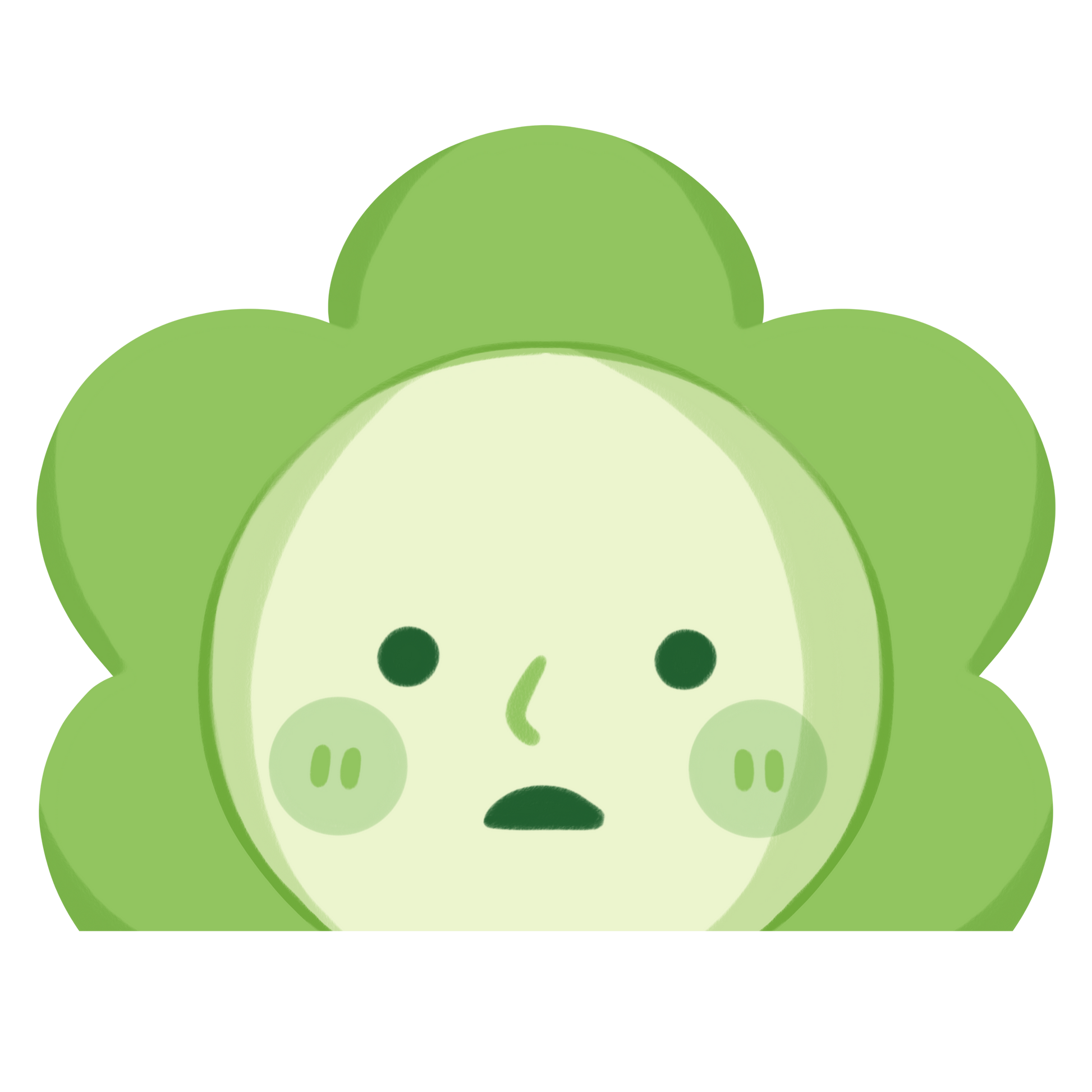 the image is a cartoon illustration of a green flowerlike character with a worried or sad facial expression.  the character has a round, pale green face with simple features: dark eyes, a small nose, and a downturned mouth. the flowerlike body is made up of several rounded, light green petals. the overall style is simple, cute, and slightly melancholic.