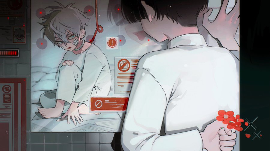 an anime boy is laying in a hospital bed with a sad expression on his face, a red string is tied around his wrist. a girl is standing next to him, holding a red flower, with a sad expression on her face. she appears to be distressed and crying.