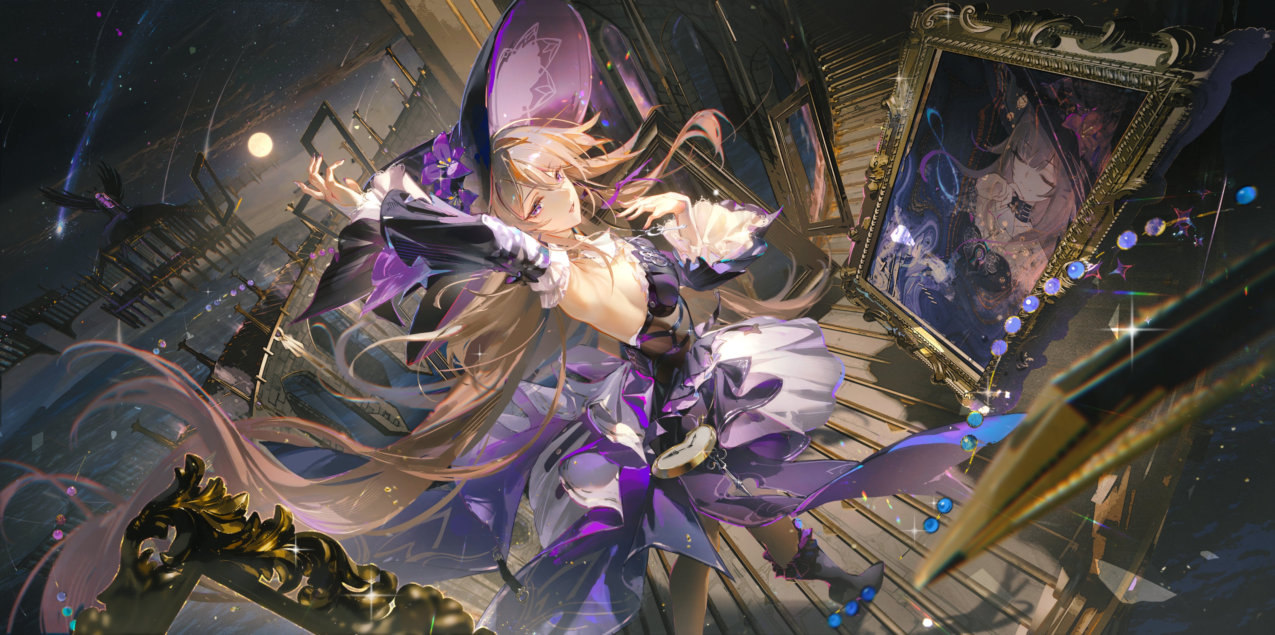 he image is a digital painting of an animestyle girl with long blonde hair wearing a purple witchlike dress and a widebrimmed hat. she is depicted in a dynamic pose, seemingly floating amidst a scene with ornate gold frames, paintings, and a starry night sky. her dress shimmers with purple and white accents, and she carries a pocket watch. the overall style is whimsical and magical, with rich colors and detailed elements.  a strand of blue beaded jewelry is visible near the bottom right. the art style is very polished and refined.