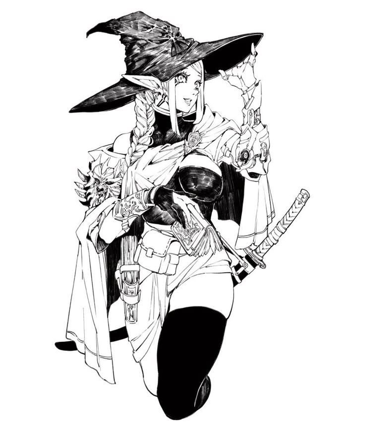 a black and white mangastyle illustration of an elf witch. she is wearing a large, brimmed witch hat with a bow, a cape, thighhigh socks, and carrying a sword. she has long braided hair and pointed ears. she also has a pouch attached to her leg.