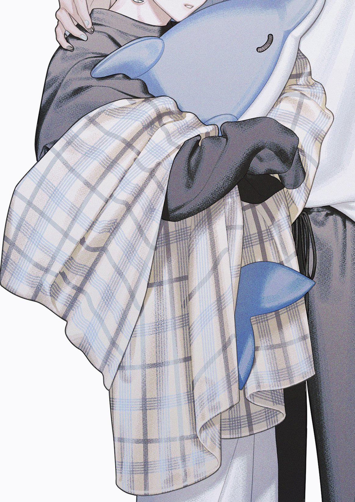 the image is a digital illustration in an anime style depicting a young couple embracing. the girl is slightly smaller and is resting her head on the boy's shoulder. they are both wearing casual clothes. she's holding a blue plush dolphin toy, and they are wrapped in a light beige and blue plaid blanket. the art style is soft, with pastel colors and smooth lines. the overall atmosphere is gentle and romantic.