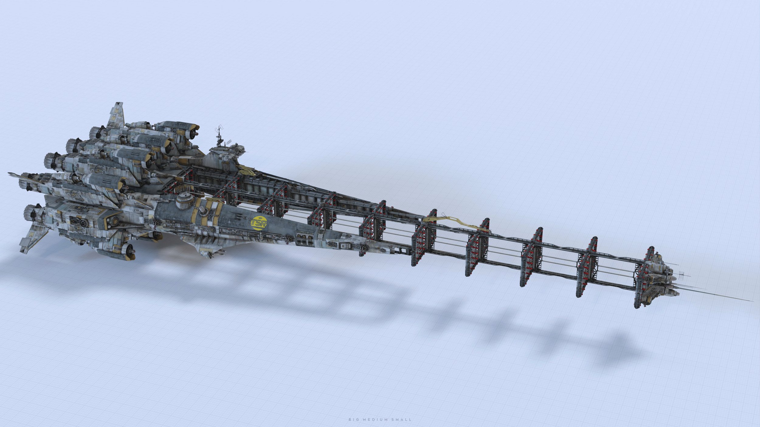 a detailed 3d rendering of a futuristic spaceship. the spaceship is long and slender with a complex structure featuring multiple engines, and what looks like a large internal frame structure. its coloration is mainly grey and metallic with accents of yellow. the spaceship is depicted in an overhead perspective against a simple white background, casting a shadow below.  the image suggests a sense of scale and technological complexity.