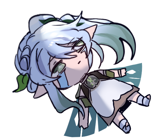 this is a digital illustration of a cute, anime chibi girl with long, flowing blue hair. she is wearing a white dress with green and blue accents. she has large, blue eyes and a sad expression. she is crying and her pose is tilted slightly to the side, creating a sense of sadness and vulnerability. the background is black, which draws attention to the character.