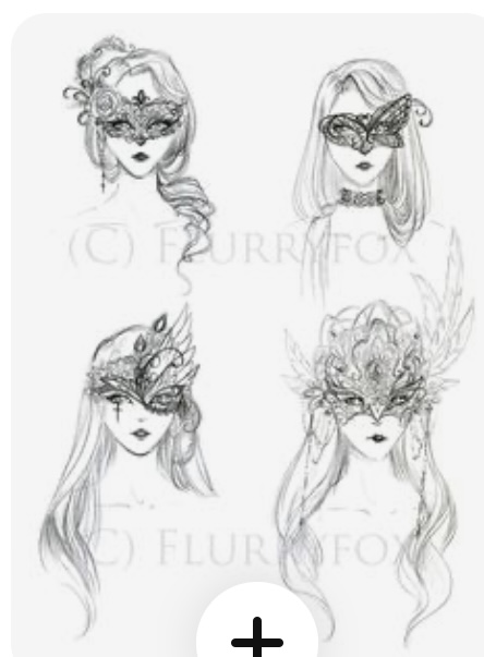 the image showcases four sketches of women's faces, each adorned with a different, elaborately designed masquerade mask. the masks feature intricate details and embellishments, drawing attention to the eyes and upper face. the overall aesthetic is elegant and mysterious.