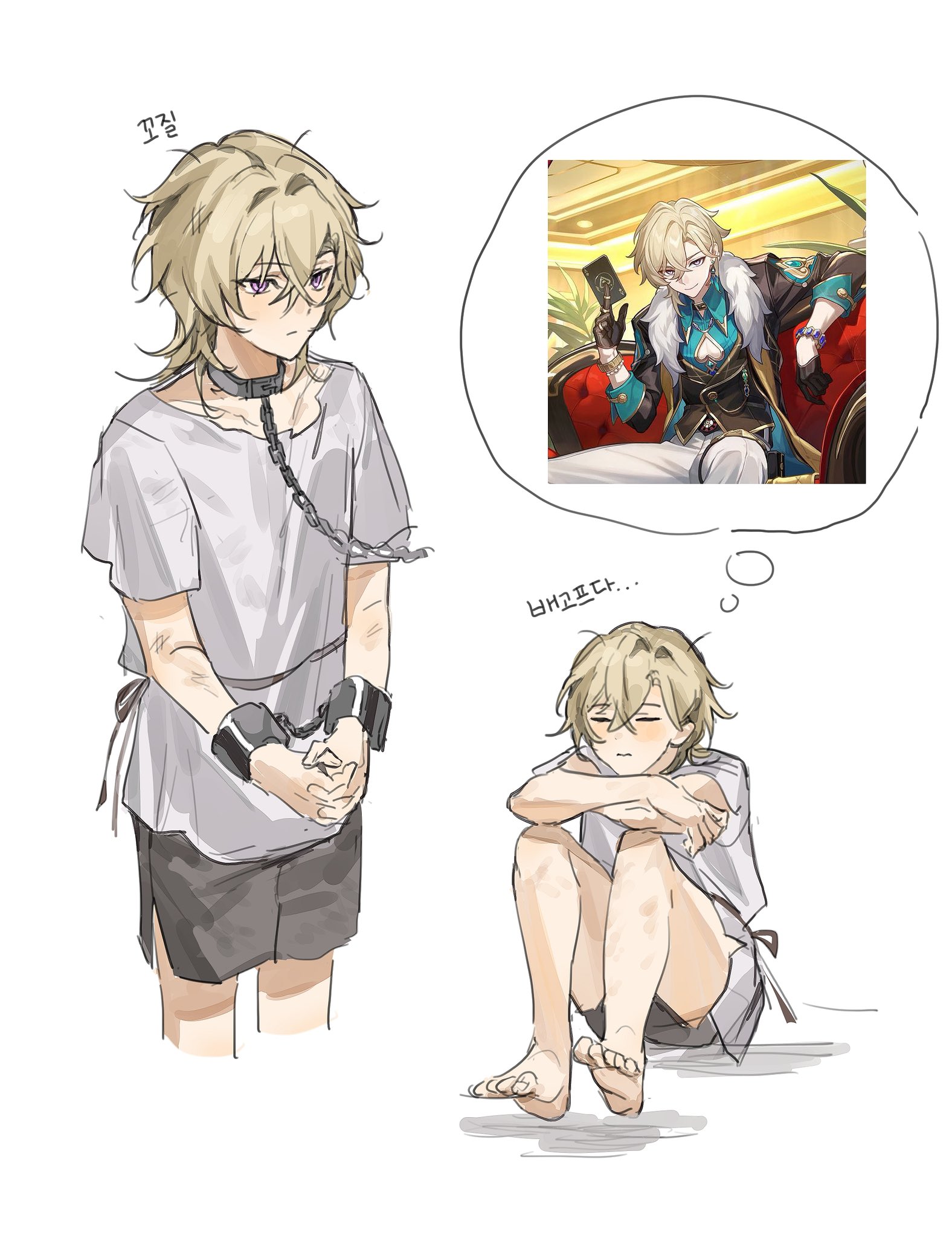 the illustration shows a young blond boy sitting in a  depressed state. he is wearing a white tshirt and shorts. he is thinking about his dream. the dream is in a speech bubble above him and it shows him as an adult, in a fantasy setting, wearing fancy clothes. he looks very happy and confident in his dream, but the real him is sad and depressed. the illustration is in a manga style.