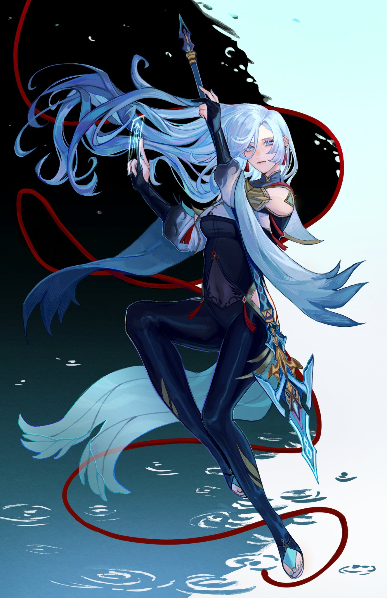 the image is a digital art piece depicting an anime female character. she is standing in a pose that suggests she is fighting.  she has long, flowing white hair that appears to be moving in the wind. she is wearing a black and white outfit with a red scarf. she is holding a spearlike weapon.  she has blue eyes, and a serious expression on her face. behind her is a background of swirling white and blue patterns, that suggest water.  the entire image gives off a sense of action and energy.