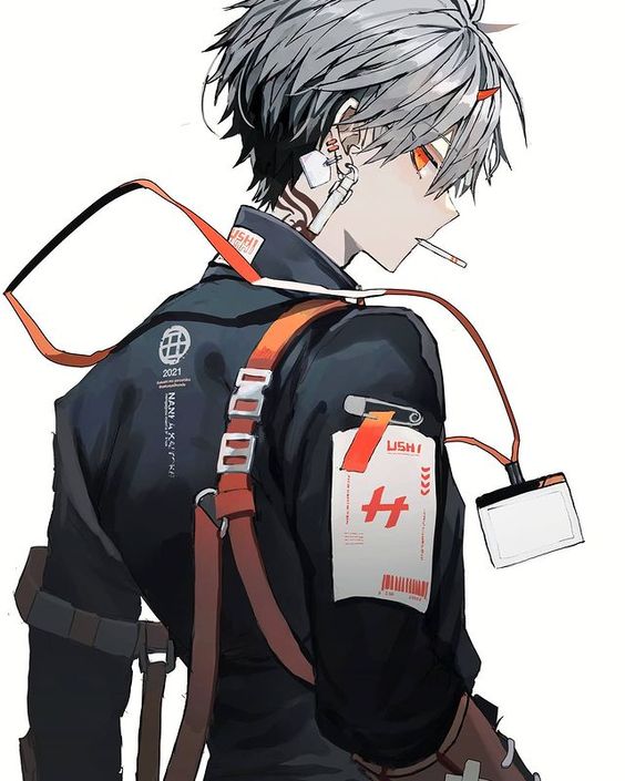 the image features a stylized illustration of a young man with a cigarette dangling from his lips. he has spiky, white hair and striking red eyes. his attire consists of a black jacket adorned with orange straps, a white patch, and futuristic elements. a barcodelike design and various text snippets hint at a cyberpunk or urban aesthetic. the background is a stark white, drawing focus to the character.