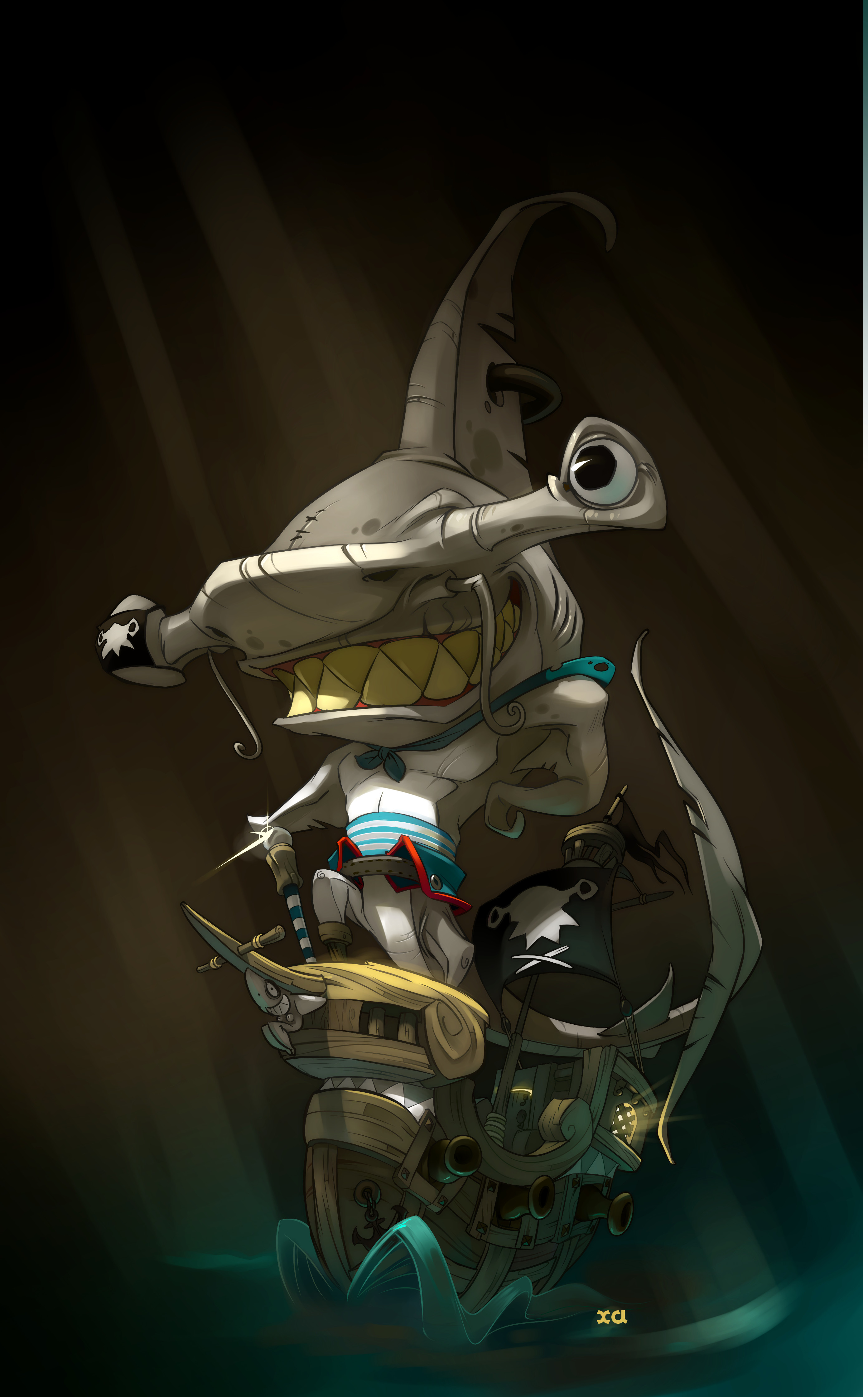 this illustration depicts a hammerhead shark dressed as a pirate captain standing on the deck of his pirate ship. the ship is a miniature model, making the shark appear much larger than it actually is. the shark's expression is mischievous and confident, as if it's ready for a grand adventure on the high seas. the image uses a vibrant color palette and playful style, making it a fun and engaging piece of art.