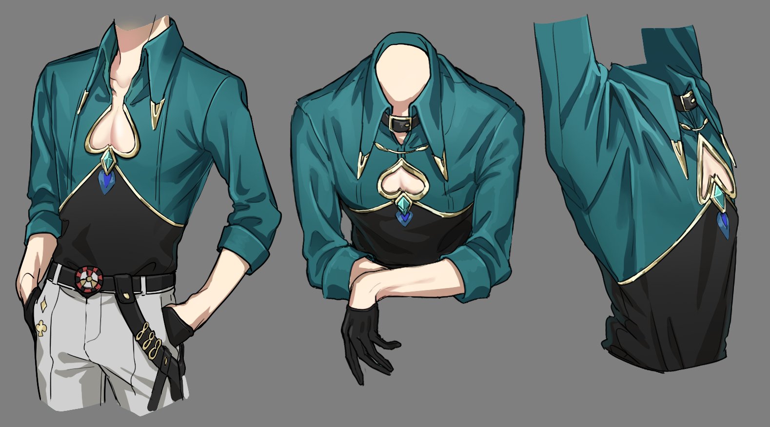 the image presents a detailed illustration of a male outfit design, shown from three different perspectives. the primary element is a teal longsleeved shirt with gold detailing forming a spades shape over a black undershirt. the shirt features a chest cutout, visible beneath the collar. a necklace with a spade pendant hangs from the collar. the model wears grey pants with a belt and small spades on the side. black gloves are included in one of the views. the background is a neutral grey, emphasizing the outfit's details. the style is reminiscent of anime or gaming character design, suggesting concept art for a game or animation. the different views provide a comprehensive understanding of the clothing's design and texture.