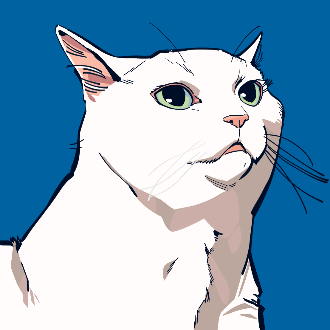 the image is a stylized illustration of a white cat. the cat is depicted in a closeup side profile view, against a solid blue background. the art style is minimalist and clean, using bold lines and simple shading to create a graphic effect. the cat's expression is serious and calm, its green eyes are prominent. the overall feel is elegant and sophisticated.