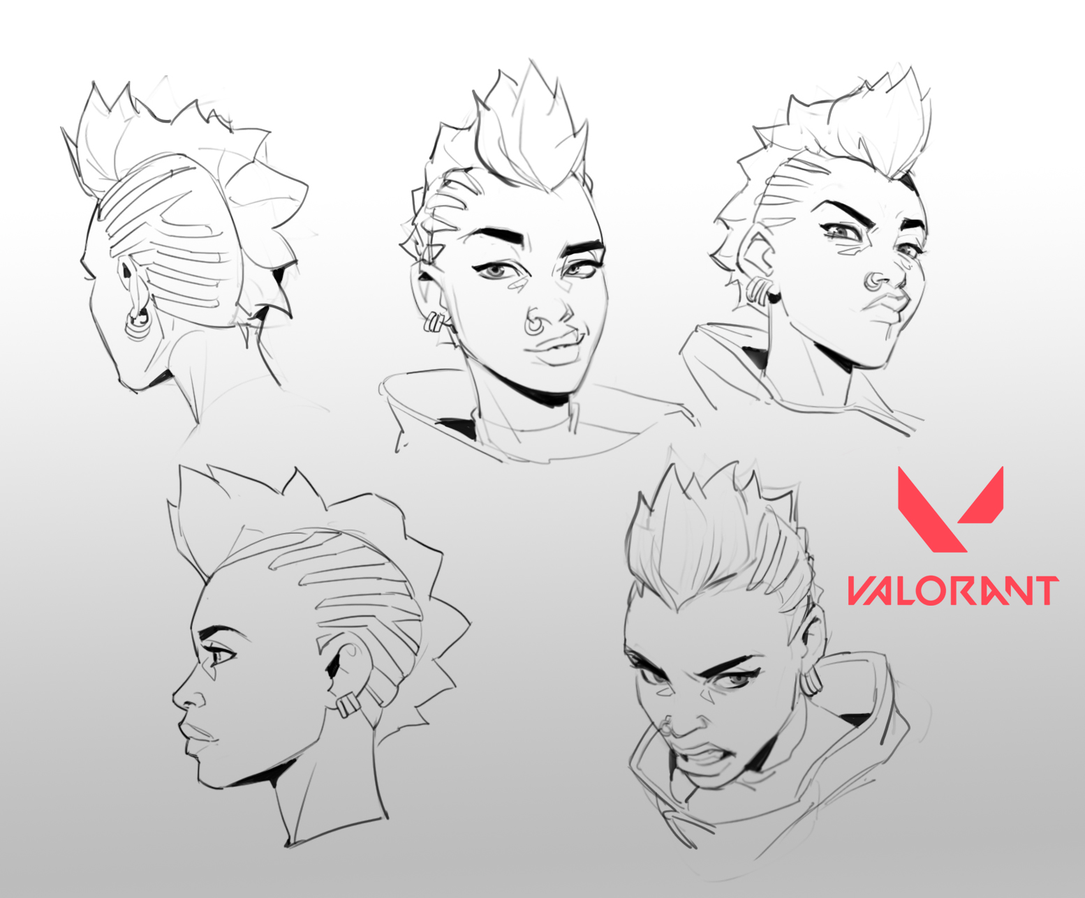 the image contains several concept sketches of a female character, possibly for the video game valorant, as indicated by the valorant logo in the lower right corner. the sketches depict the character from various angles – profile views, and front views – showcasing different facial expressions ranging from neutral to angry.  the character has a distinctive mohawk hairstyle and appears to have a punkinspired aesthetic.  the style of the art is primarily linebased, with light shading, typical of concept art used for game character development.