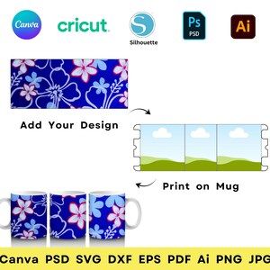 the image shows a mug design template. it features logos for design software such as canva, cricut, silhouette, photoshop, and illustrator. the image demonstrates how a design (in this case, a floral pattern on a blue background) can be added to a template and then printed on a mug. the bottom of the image lists various file formats including canva, psd, svg, dxf, eps, pdf, ai, png, and jpg.