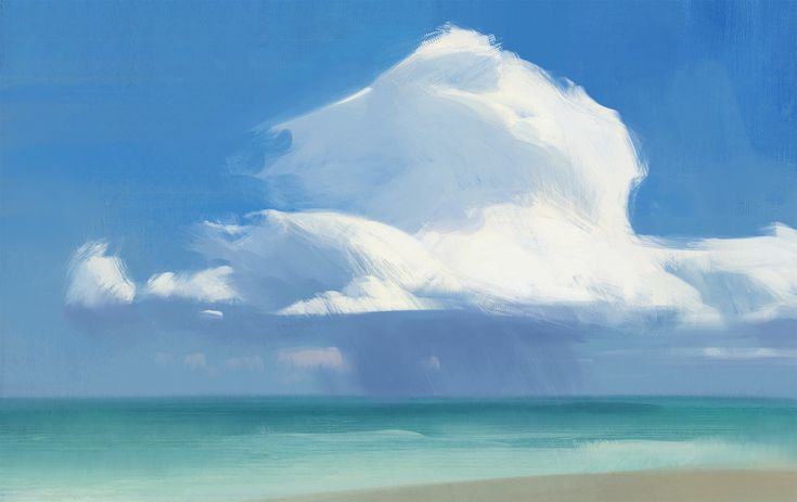 a painterly depiction of a beach scene. large, puffy white cumulus clouds dominate the sky, with a visible rain shower emanating from one of the clouds. the ocean is turquoise and stretches to the horizon, and a sandy beach is visible in the foreground. the image features loose, visible brushstrokes, contributing to its artistic, painterly style.
