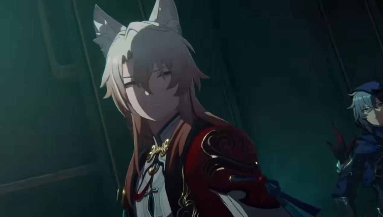 the image shows two anime characters in a dark, shadowy setting. the character in the foreground is male with long white hair and cat ears. he is wearing a red and gold outfit and is looking to the side. the character in the background is also male and has white hair. he is wearing a blue outfit and is looking to the side. the background is a dark green color with some shadows.