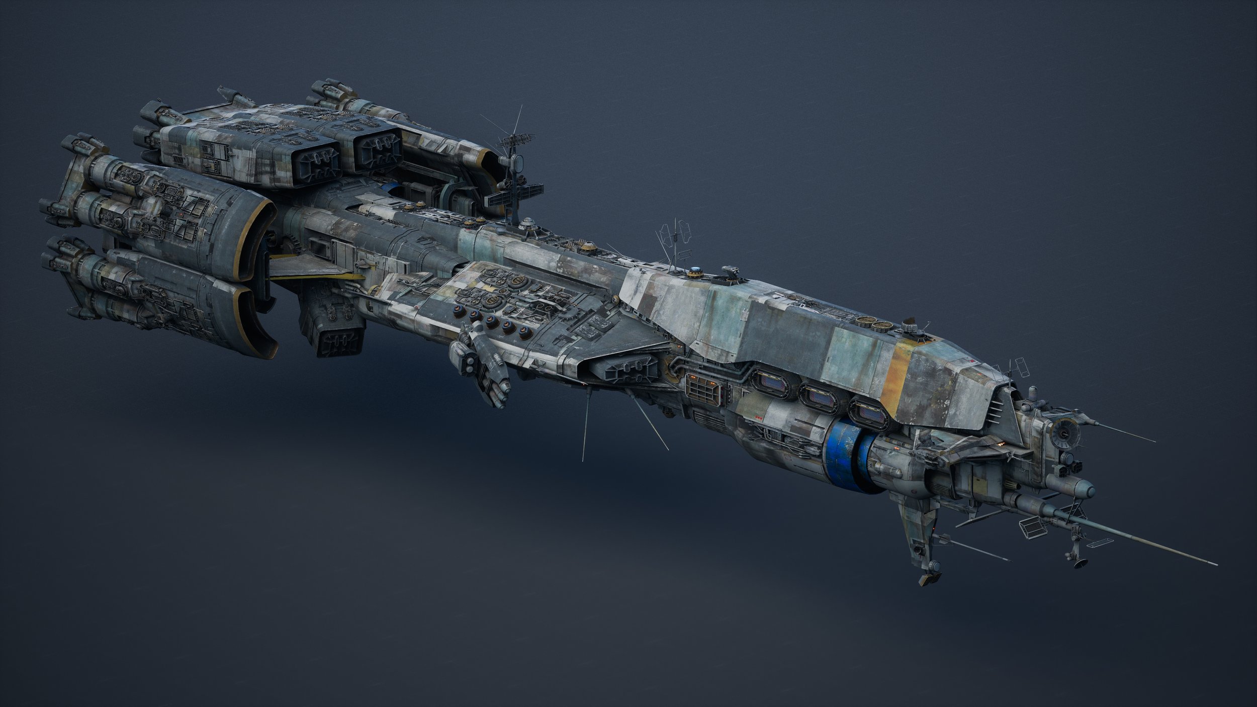 the image showcases a detailed 3d rendering of a large, weathered spaceship. the vessel is long and somewhat resembles a battlecruiser or cargo ship, with numerous engines, antennas, and other structural details. its surface displays a worn and battlescarred appearance, showing a mixture of grey, blue, and yellow paint. the overall aesthetic is one of a wellused and heavily utilized spacecraft, hinting at a long history and potential for interstellar travel within a science fiction setting.  the spaceship is presented against a plain darkgrey background, which emphasizes the intricate details of its design.