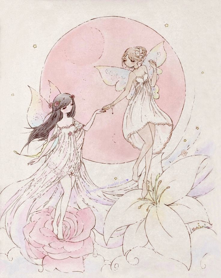 an illustration of two fairies in dresses holding hands. one fairy with long dark hair stands on a pink rose, and the other with shorter blonde hair stands on a white lily. both have wings. a large pink moon is in the background, along with small stars. the style is reminiscent of watercolor.