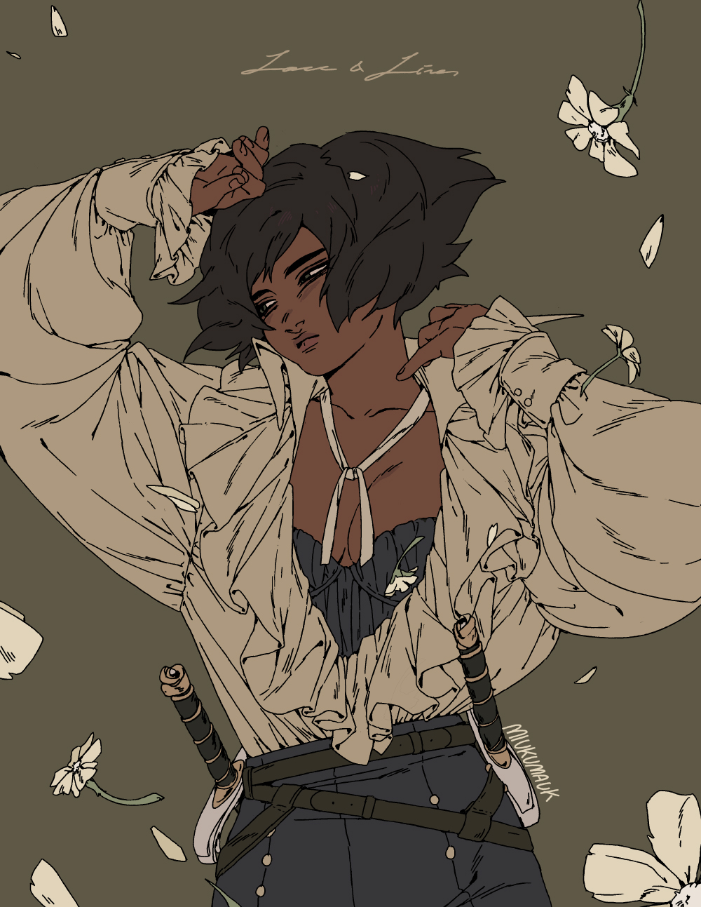 an illustration of a woman with long dark hair, wearing a white frilly shirt, black pants, and carrying swords. the background is filled with white flowers.