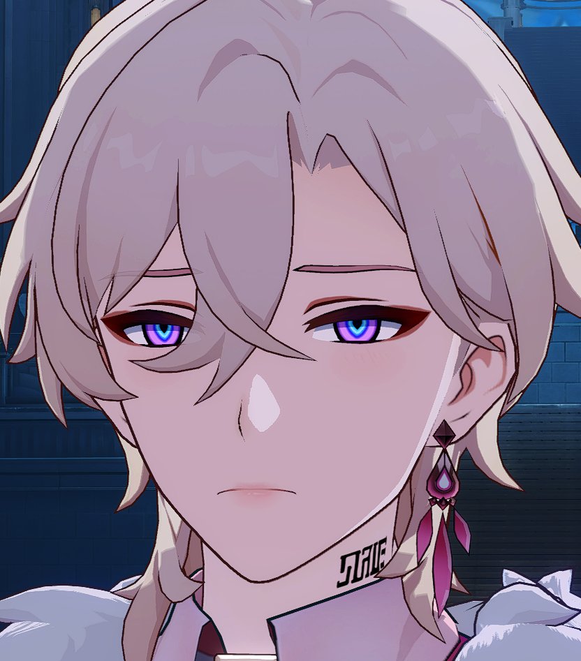 a closeup portrait of albedo from the game genshin impact. his white hair is neatly styled and falls around his face, revealing his piercing purple eyes. he is wearing a black earring and a small, black tattoo that reads "dawe"  on his neck. he is looking directly at the viewer with a serious and thoughtful expression. the background is blurred, creating a focus on albedo's face.