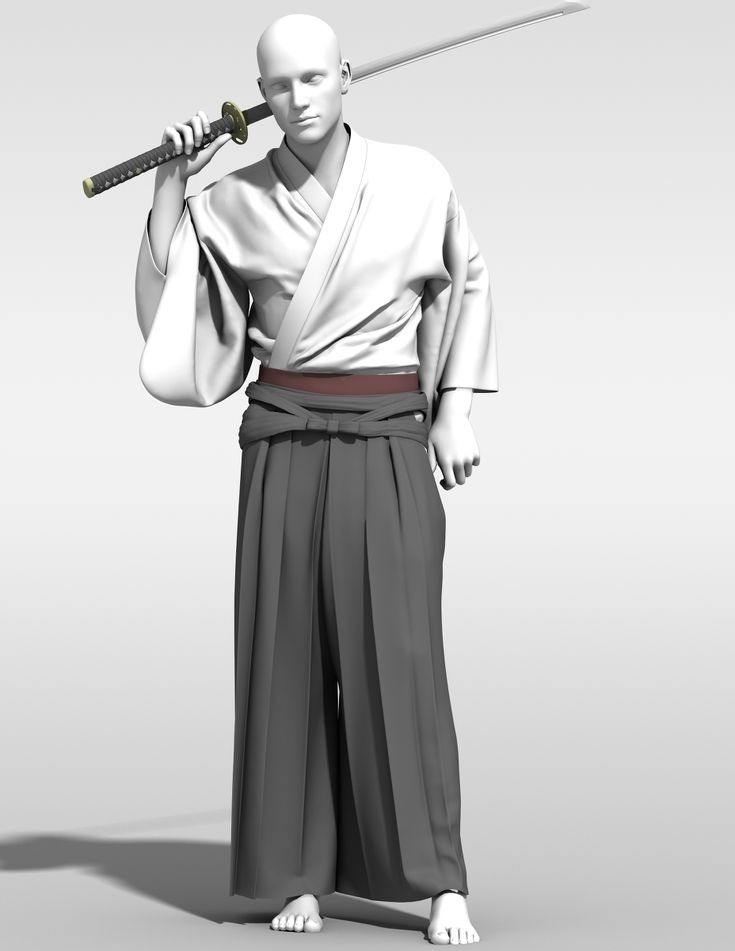 a man is shown standing in a studio setting. he is wearing a traditional japanese outfit of hakama and a white kimono. he is also holding a katana, a traditional japanese sword, on his shoulder. the man appears to be a samurai, a japanese warrior. he is wearing black hakama and is posed in a relaxed manner. the image is isolated against a white background.