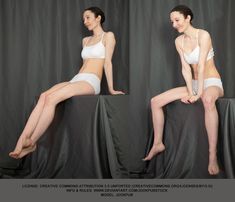 two poses of the same woman sitting on a platform in front of a dark gray backdrop. the woman is wearing a white bra and underwear. in the left pose, she is sitting upright with her legs extended and her right hand resting on the platform. in the right pose, she is leaning forward with her right leg bent and her left hand resting on her thigh.