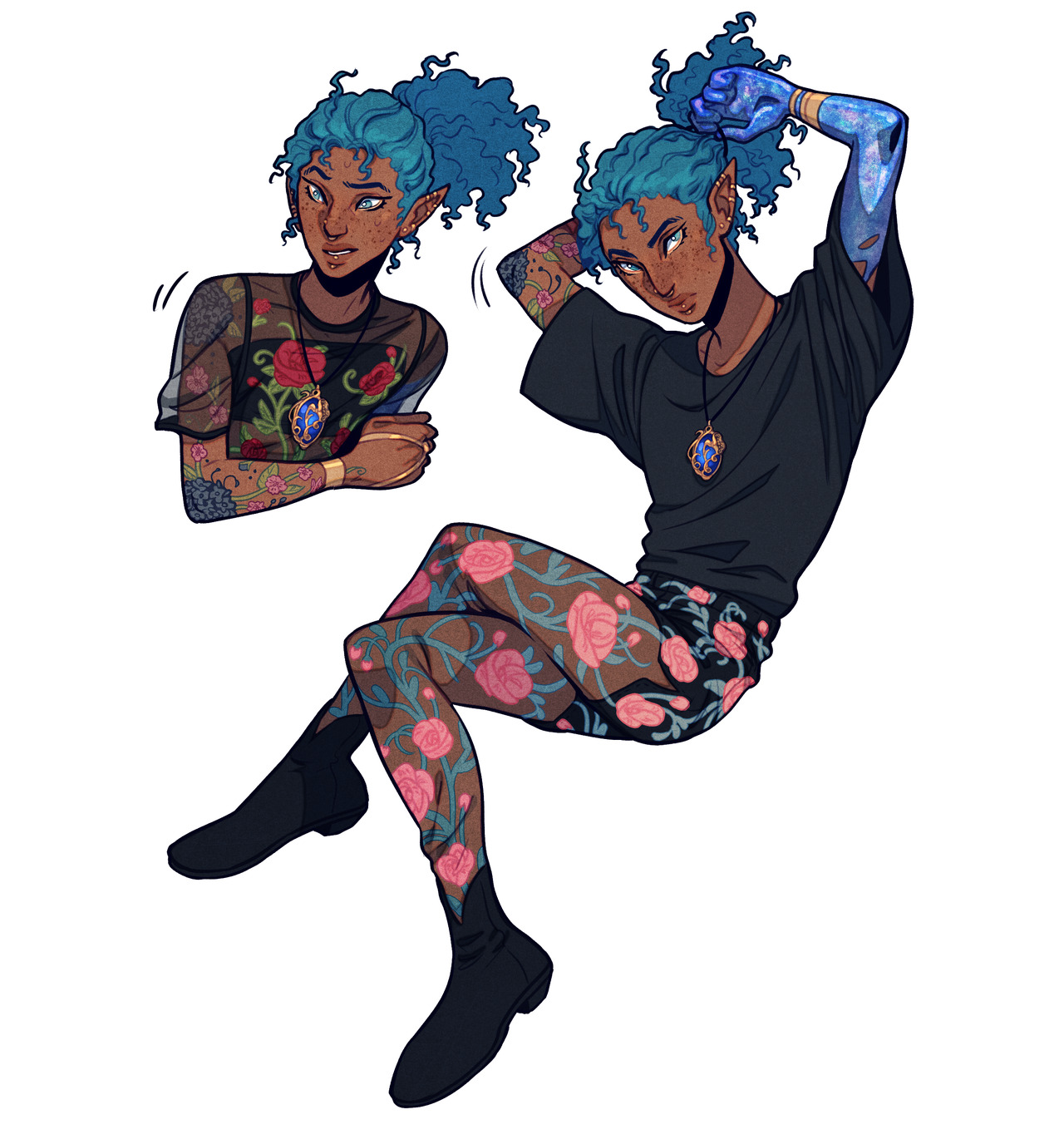 the image showcases a character design of a young man, possibly an elf, with vibrant blue curly hair and striking galaxypatterned prosthetic right arm. he sports an edgy and fashionable ensemble, featuring a black mesh top with a graphic design, paired with black floralprinted pants. his look is completed with black boots, a statement necklace, and various tattoos, including floral designs on his arms and legs. the art style is digital illustration with a focus on character detail and fashion.