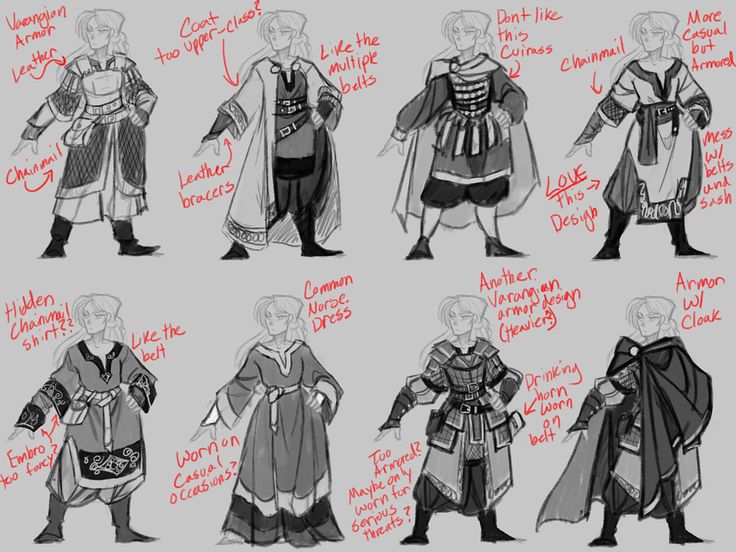 the image showcases a series of design explorations for a varangian guard's attire. it's a visual guide to different options, highlighting the pros and cons of each design. each figure depicts a woman in a variety of armor and clothing styles, from chainmail and leather to more casual outfits and intricate embroidery. the artist uses red annotations to point out specific details and provide comments on each design.