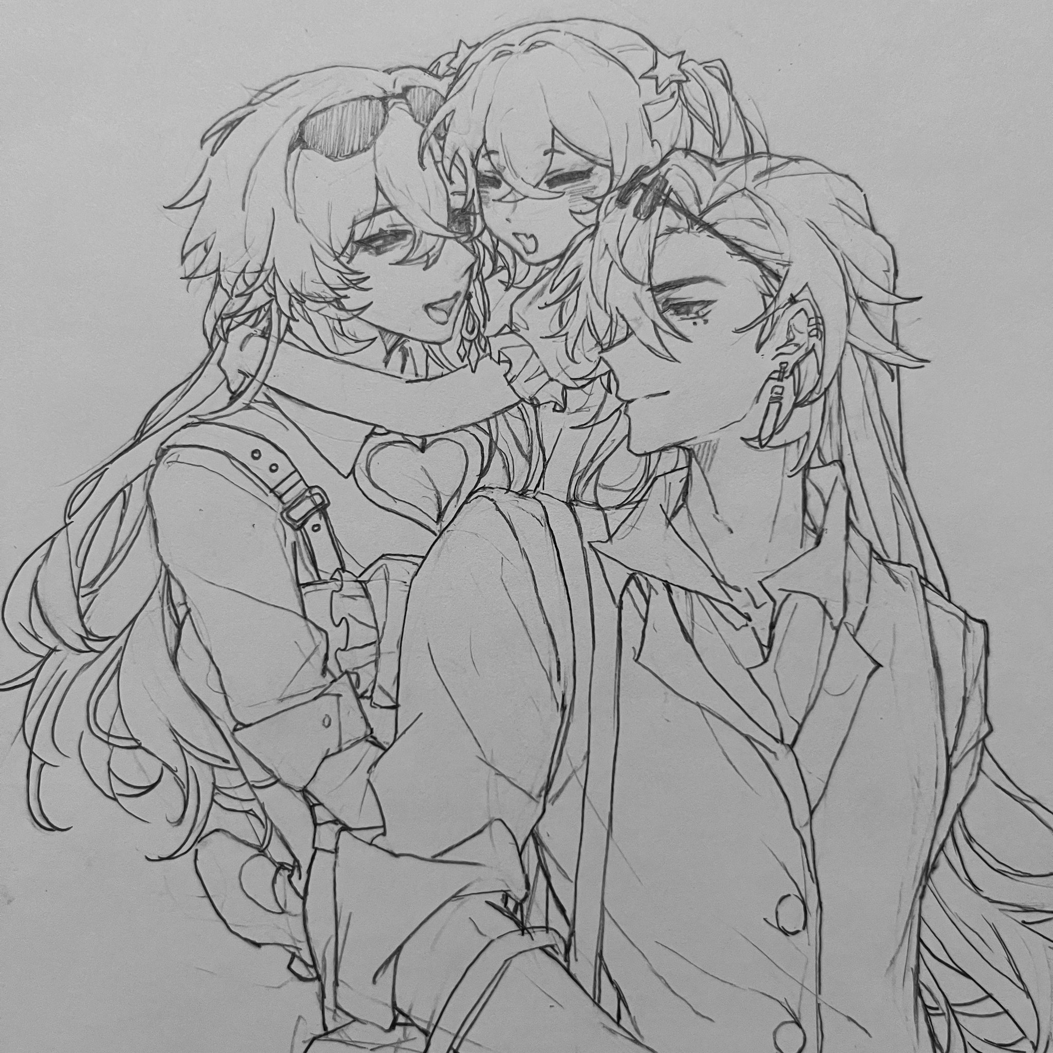 a pencil sketch depicting a man with long hair embracing two women. the women appear to be a young girl and a young woman. the man is wearing a suit and the women are wearing more casual clothing. the sketch style is reminiscent of anime or manga.  the overall mood is affectionate and loving. the level of detail is relatively high, suggesting a skilled artist.