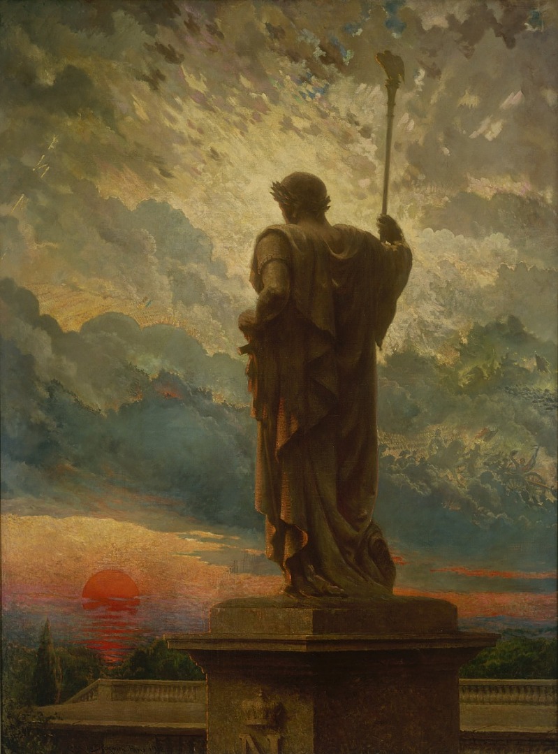 the painting depicts a statue of a figure with a wreath on its head, draped in a robe, standing on a pedestal. the figure is holding a staff. a sunset with an orange sky is visible in the background with various clouds. in the foreground is a balcony. the statue appears to be part of a monument and there is a symbol or crown on the pedestal. the landscape includes a sea and some greenery.