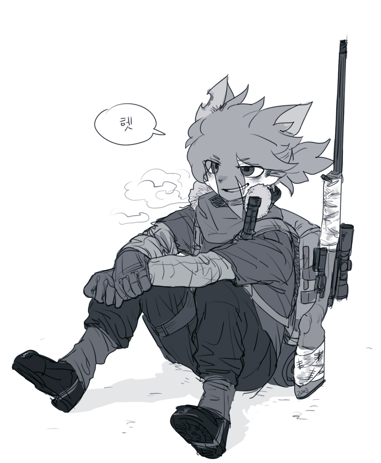 a drawing of a furry anime character sitting with a rifle.  the character is wearing a  camouflage  and has a backpack on. the character is sitting on a  ground with a serious expression.