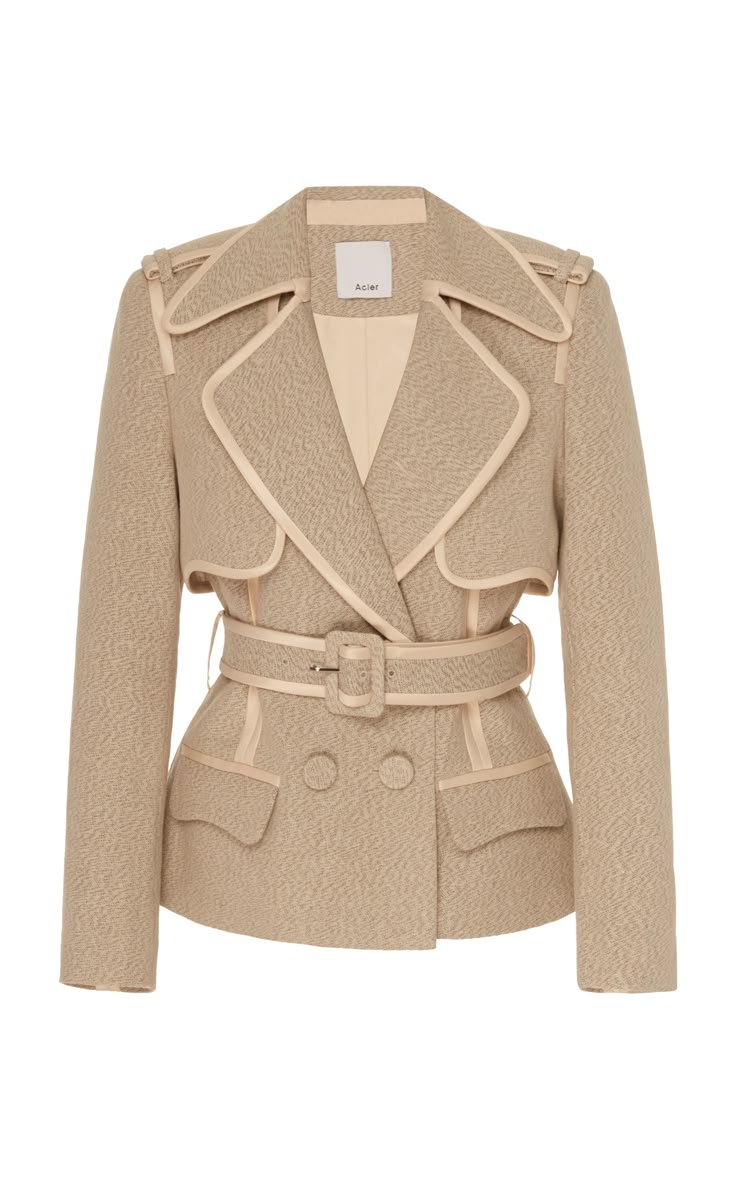 a beige belted doublebreasted coat is displayed on a white background. the coat has a tailored silhouette and a belted waist, and it features a doublebreasted closure. the beige color is neutral and versatile, making it a suitable choice for various outfits.