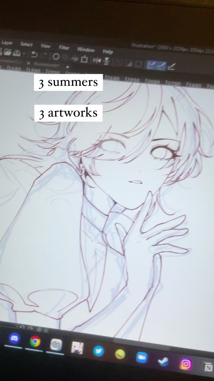 he image shows a digital drawing in progress on a computer screen. the drawing is of an animestyle female character with long hair, shown from the chest up. the character's hand is near her face. the screen shows an early stage of the sketch with the lines drawn lightly.  two text boxes overlay the artwork, reading: "3 summers" and "3 artworks," suggesting the artist's time spent on the piece. the bottom of the screen displays a taskbar with various application icons.