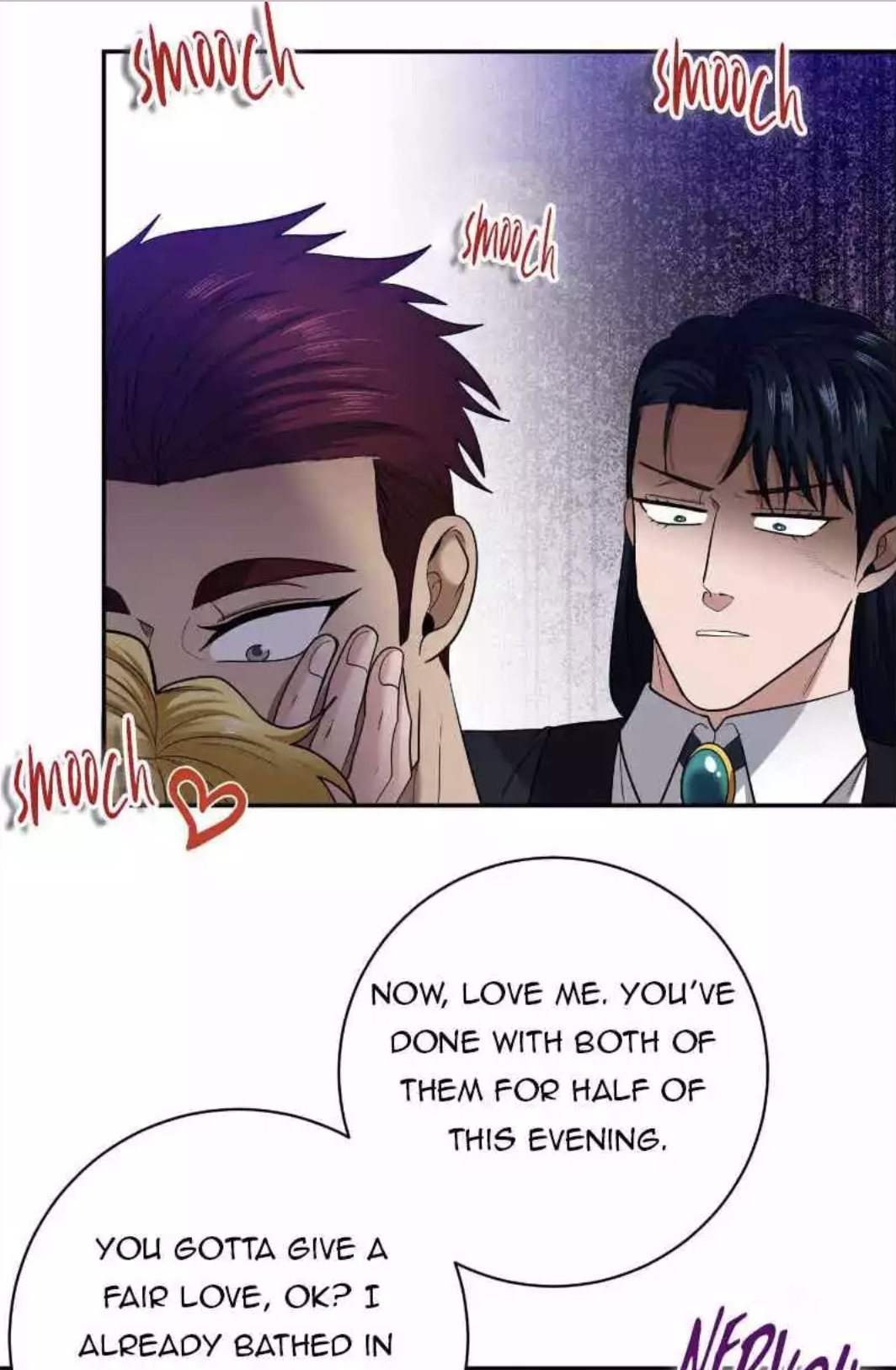 the image is a closeup panel from a yaoi manga or manhwa. it shows two men, one with dark purple hair and the other with dark hair, in a close and intimate moment. the man with purple hair is holding the other man's face gently, while the other man looks at him with a complex expression. the scene is filled with emotional intensity and romantic undertones. speech bubbles show dialogue, indicating a conversation taking place between the two characters. the overall style is dramatic and sensual, characteristic of the genre.