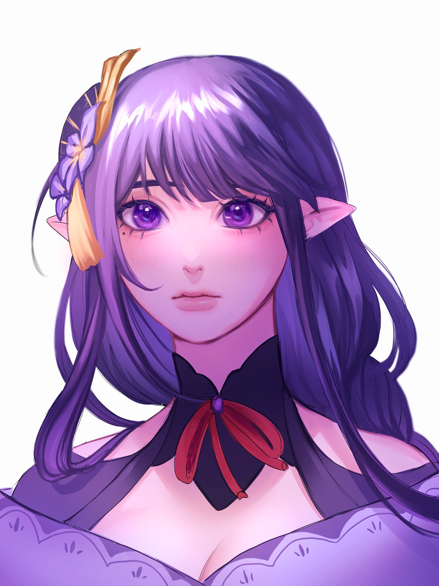 a digital illustration of a young anime girl with long purple hair wearing a black collar with a red bow and an ornate gold and purple accessory in her hair. her eyes are wide and bright purple. she is looking slightly to the right of the viewer.  the image is drawn in a soft, painterly style with a light and airy background.