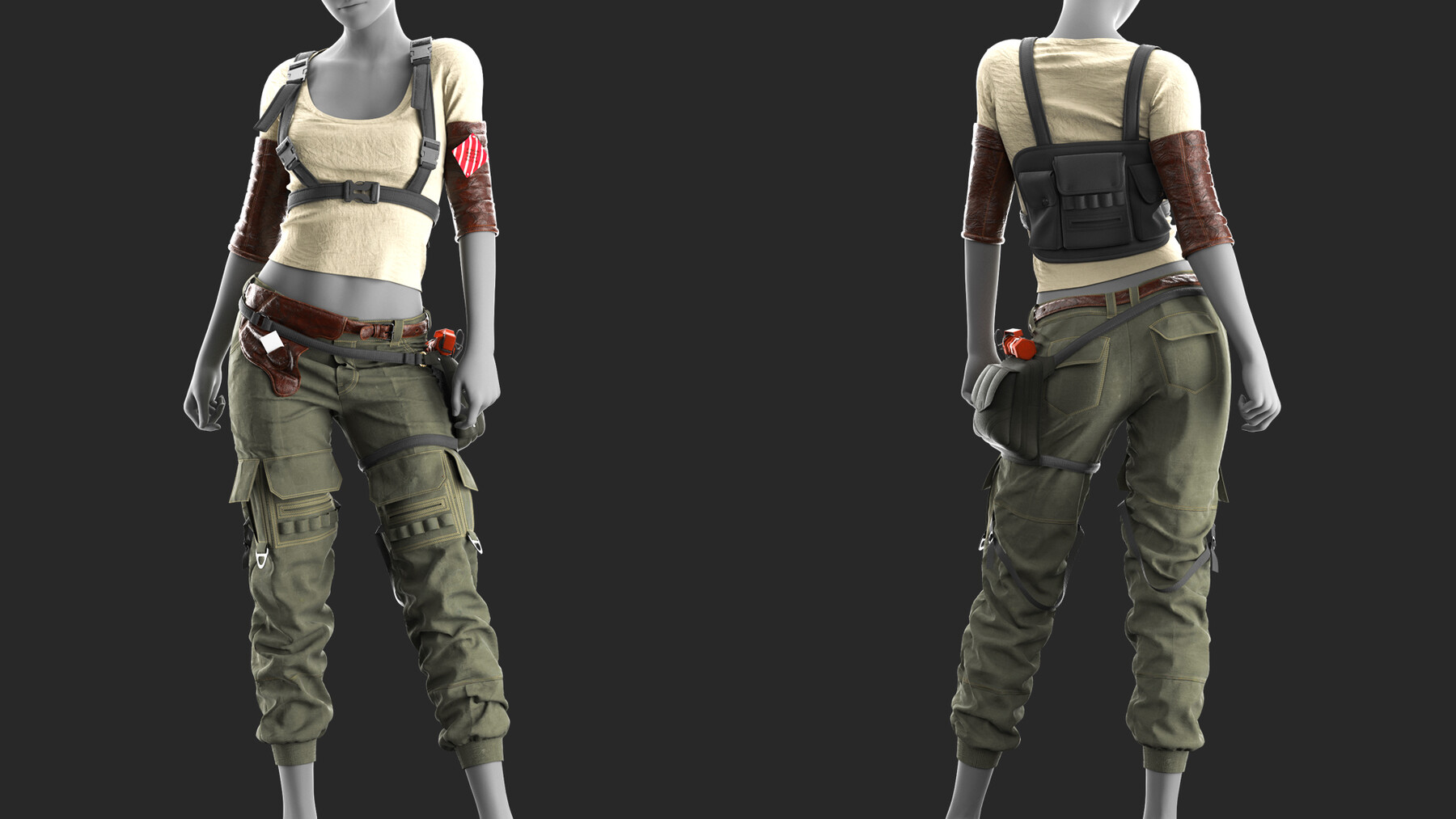a woman is wearing a tactical outfit. she is wearing a green cargo pants, a vest with straps and a belt, and a holster. the outfit is decorated with straps, buckles, and buckles. she has a gun in her holster. the woman is looking at the camera.