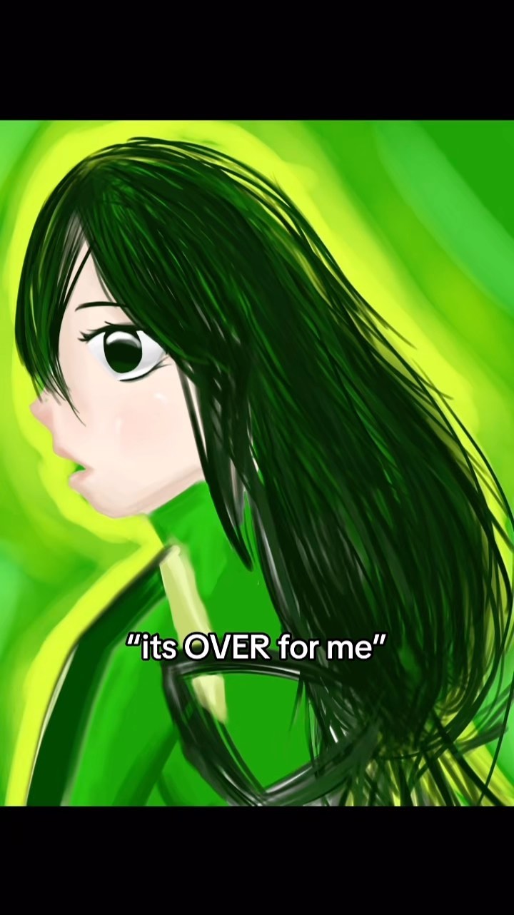 the image is a digital drawing or painting of an animestyle girl with long, dark green hair. she is wearing a green outfit, and her expression is somber, almost resigned. the background is a blend of green and yellow hues, adding to the overall dramatic mood.  a quote, "it's over for me," is overlaid on the image, suggesting a sense of finality or defeat. the art style is somewhat painterly, with visible brushstrokes, creating a slightly rough texture.  the overall impression is one of melancholy and a potentially poignant moment in a narrative.