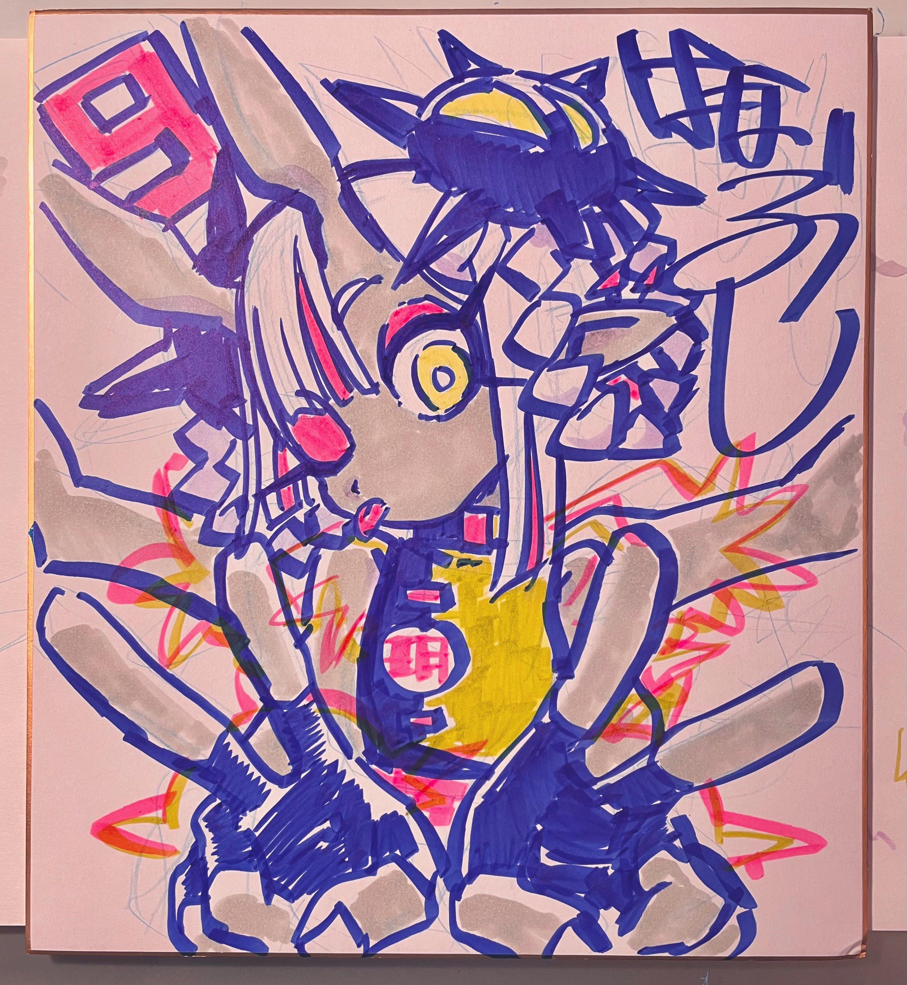 the image is a vibrant and dynamic sketch of an animestyle rabbit girl and a small monster drawn in pink, yellow, blue, and black markers on a white surface. the rabbit girl has long ears, large eyes, and wears a yellow and pink outfit. she is striking a pose with her hands making a peace sign. the monster perched on her head has large eyes and sharp teeth. the drawing has a graffitilike aesthetic with bold lines and energetic scribbles.