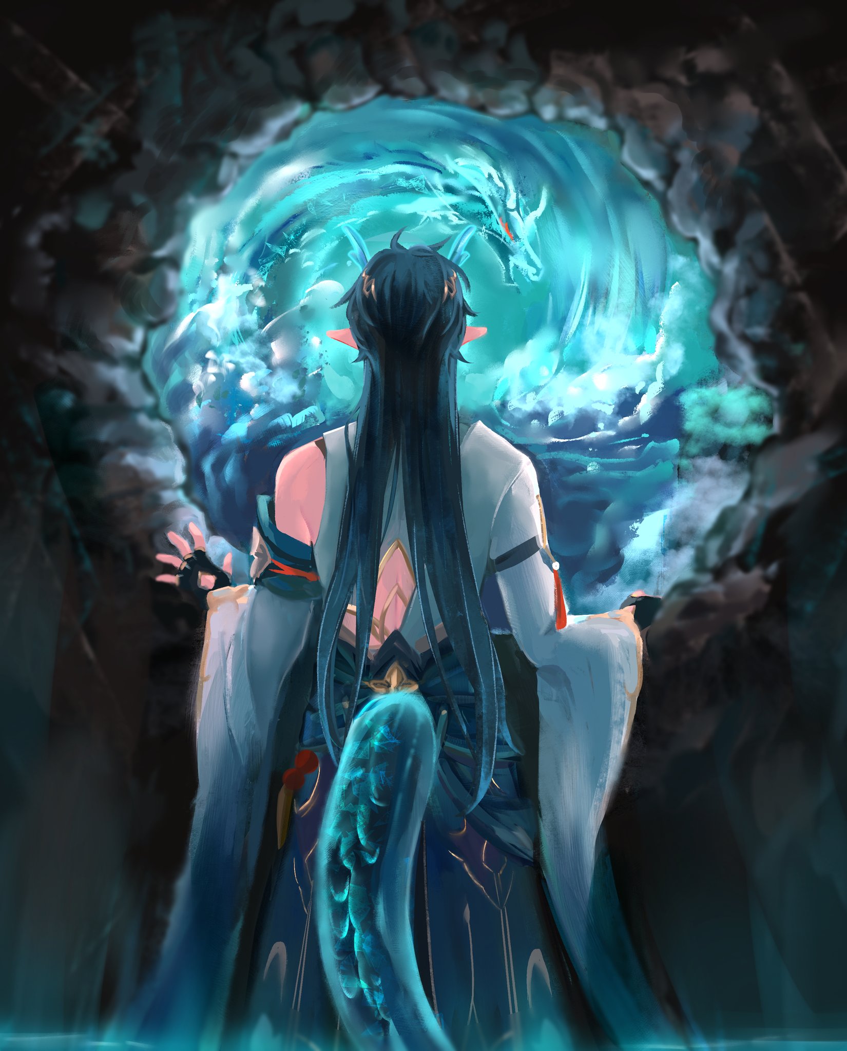 the image depicts an anime girl with long blue hair, standing in a dark cave, with a blue dragon swirling in a vortex of water behind her. she is dressed in a flowing blue robe, with a blue dragon tail. the scene is filled with a mystical and enchanting atmosphere, creating a sense of wonder and power. the use of light and shadow creates a dramatic effect, drawing the viewer's eye to the girl and the dragon. the overall image is both beautiful and captivating.