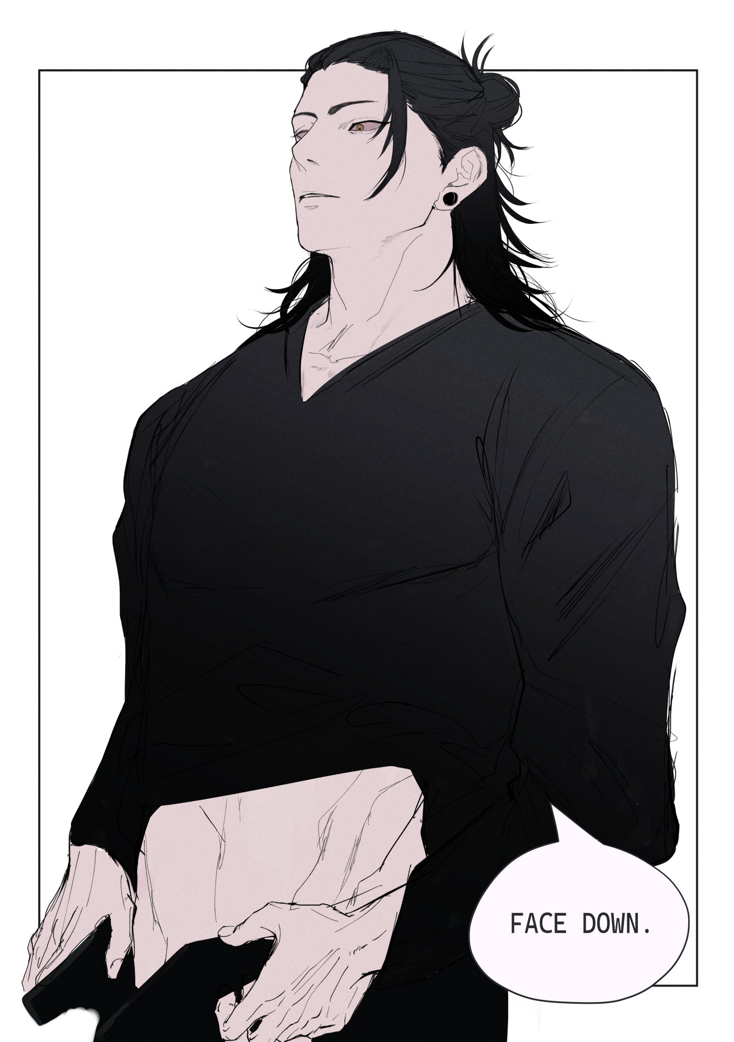 a man with black hair and black clothing is depicted in this animestyle illustration. he has a serious expression and appears to be following a command, indicated by the speech bubble saying "face down." the art style is detailed and realistic, with shading and highlighting that emphasizes the man's features. the overall mood is somber and commanding.